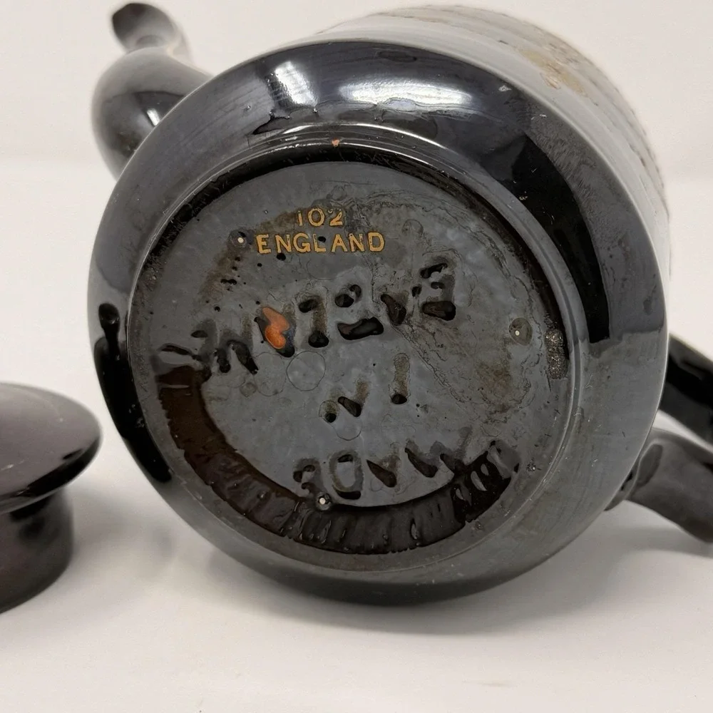 Vintage English Teapot Black Glaze Hand Painted‎ Made in England